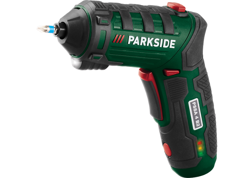 Green and black electric screwdriver with a screwdriver bit, featuring text 'PSSA 4 B2'.