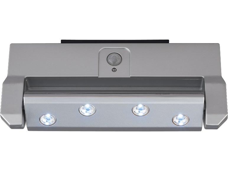 Silver kitchen extractor hood with a motion sensor and four LED lights