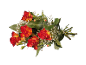 Bouquet of red and orange roses with green leaves and small white flowers.