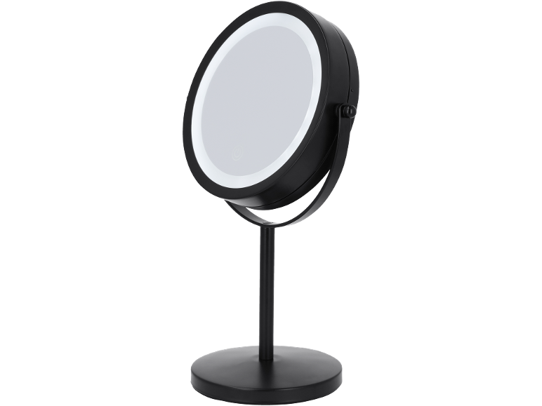 Black round cosmetic mirror with LED lighting and stand base