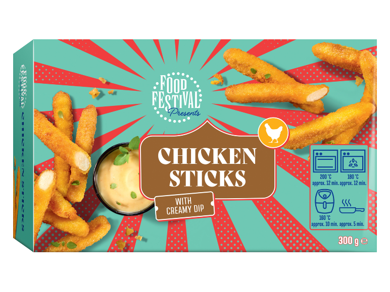 Breaded chicken sticks with creamy dip, cooking instructions, and weight (300g).