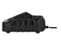 Black battery charger with ribbed surface and cable.