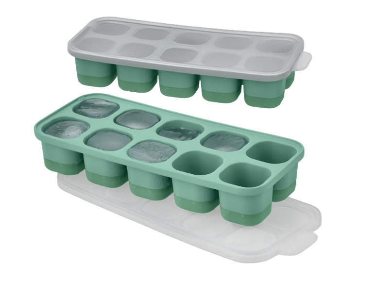 Two mint ice cube trays with lids, one filled with ice.