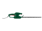 Green electric hedge trimmer with a red handle and a black blade.