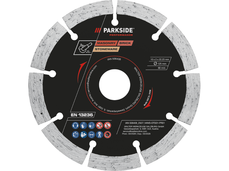 Diamond cutting disc for masonry, brick, and stoneware, with technical specifications and safety icons.