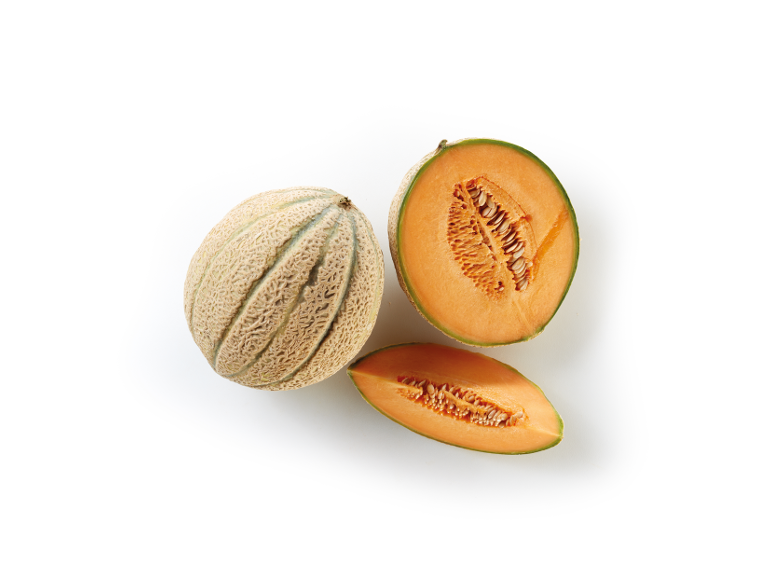 Fresh melon, whole and sliced, with orange flesh and seeds.