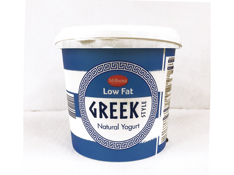 Low fat Greek natural yogurt in a white and blue container.