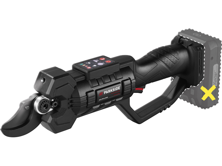 Cordless electric pruning shears with control panel and handle, without battery.