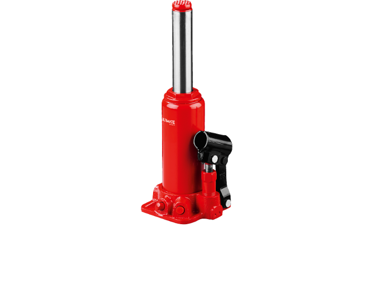 Red hydraulic bottle jack with a black handle and a silver piston.
