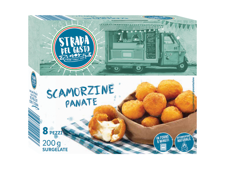 Box of breaded scamorzine balls (8 pieces, 200g), with a food truck and cooking instructions.