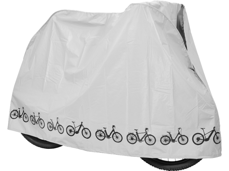 White bicycle cover with a pattern of various bikes along the bottom edge.
