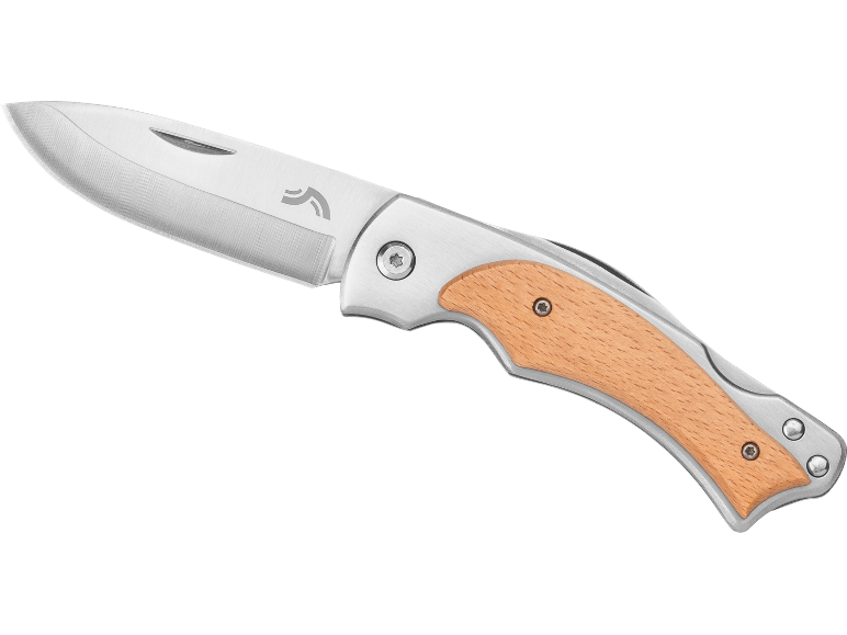 Folding knife with a wooden handle and metal blade.