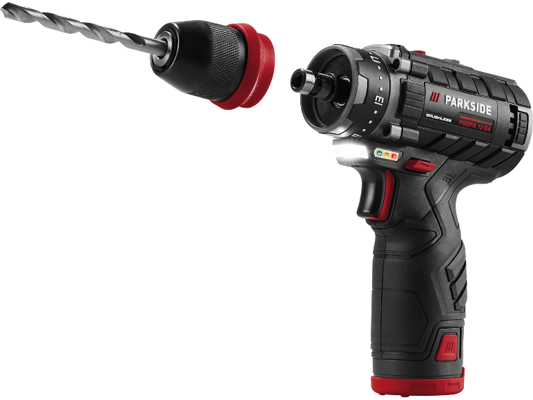 Cordless drill driver with detached drill bit and chuck against a black background.
