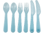 Light blue reusable plastic cutlery set: two spoons, two forks, and two knives.