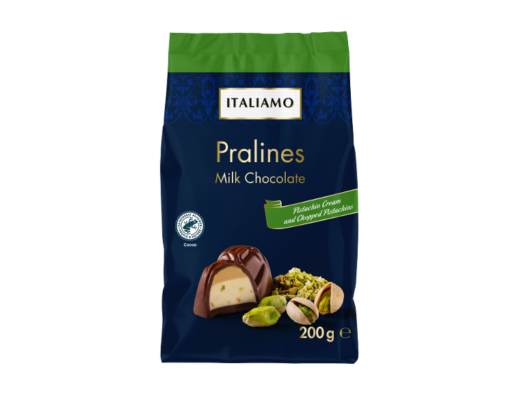 Pralines with pistachio cream and chopped pistachios, milk chocolate, 200g.