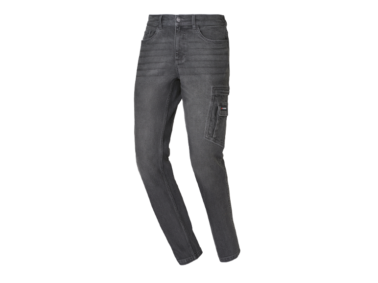 Dark grey work jeans with side pockets and a cargo pocket.