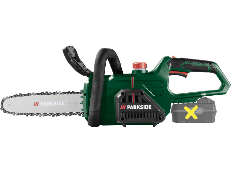 Cordless chainsaw with chain and removed battery.