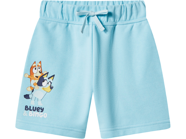 Light blue children's shorts with Bluey and Bingo print and a decorative drawstring.