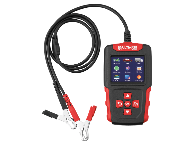 Car battery tester with clamps, displaying options for motorcycles, cars, and trucks.