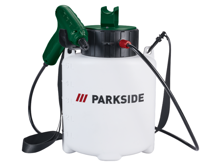 White garden sprayer with a green handle and black straps, showing volume markings.