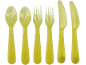 Yellow plastic cutlery set including spoons, forks, and knives.