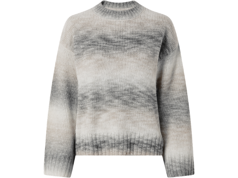 Women's knitted sweater with gray and white ombré stripes.