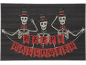 Three skeletons with top hats and red bow ties holding a 'HAPPY HALLOWEEN' banner.