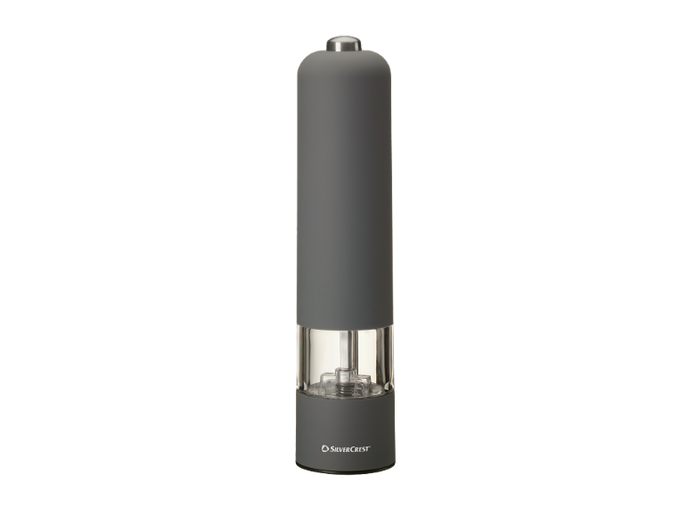 Grey electric salt or pepper mill with a transparent base.