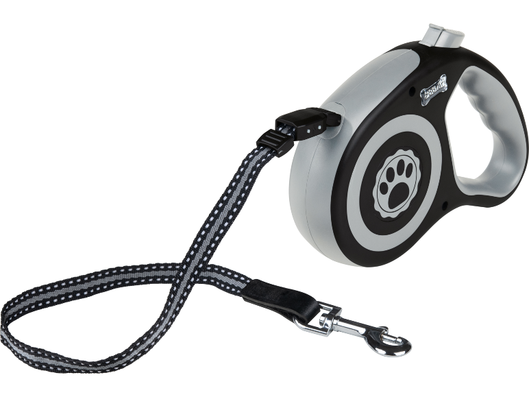 Retractable dog leash in grey and black with a paw print pattern.