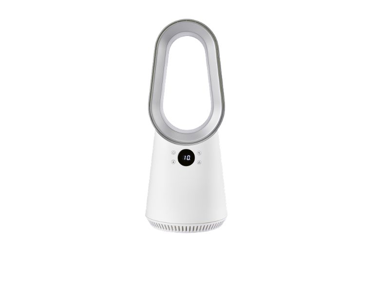 White bladeless fan with a digital display showing '10'.