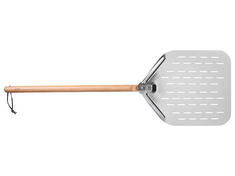 Pizza peel with a wooden handle and perforated metal surface.
