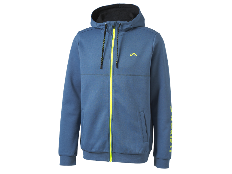 Blue hooded sweatshirt with yellow zipper and drawstrings, yellow logo on chest.