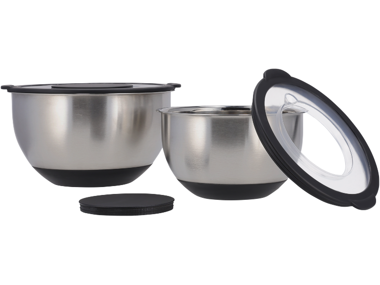 Set of two stainless steel bowls with black lids and non-slip bases.