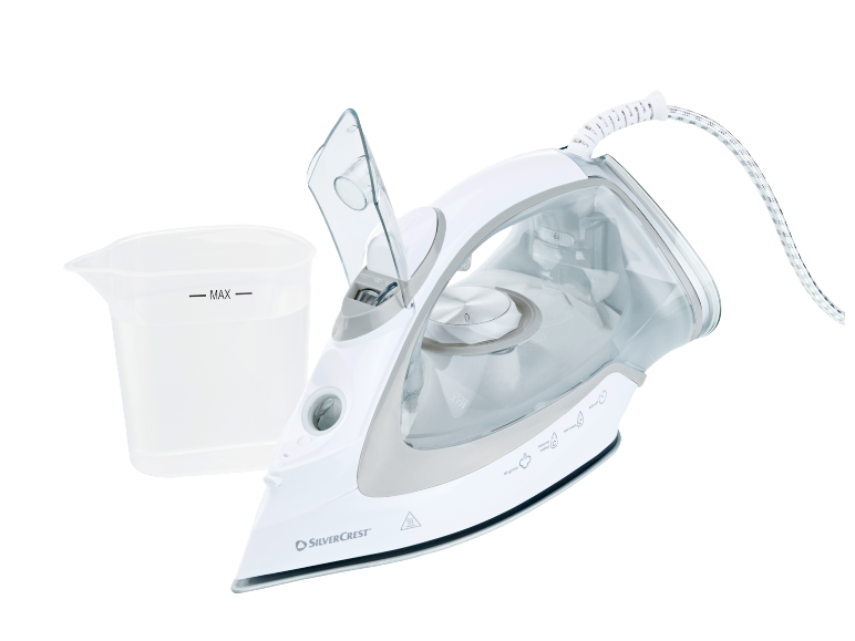 White steam iron with a water jug, featuring a transparent water tank and cord.