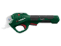 Green electric pruning shears with metal blades and an ergonomic grip.