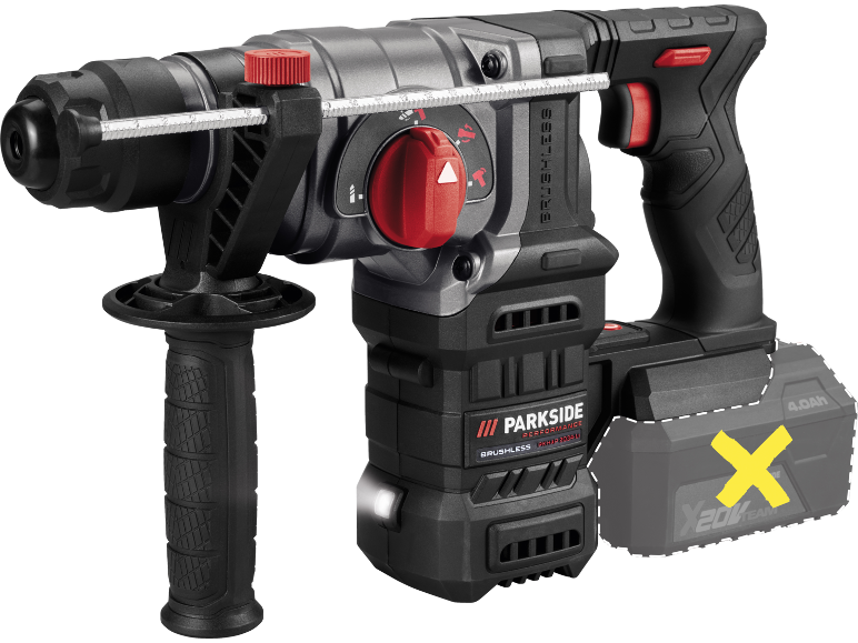 Cordless rotary hammer drill with auxiliary handle, battery not included.