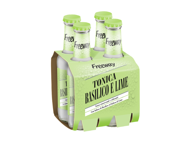 Pack of 4 bottles of basil and lime tonic drink.