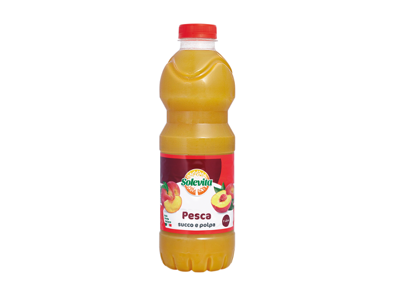 Bottle of peach juice with pulp, 1 liter.