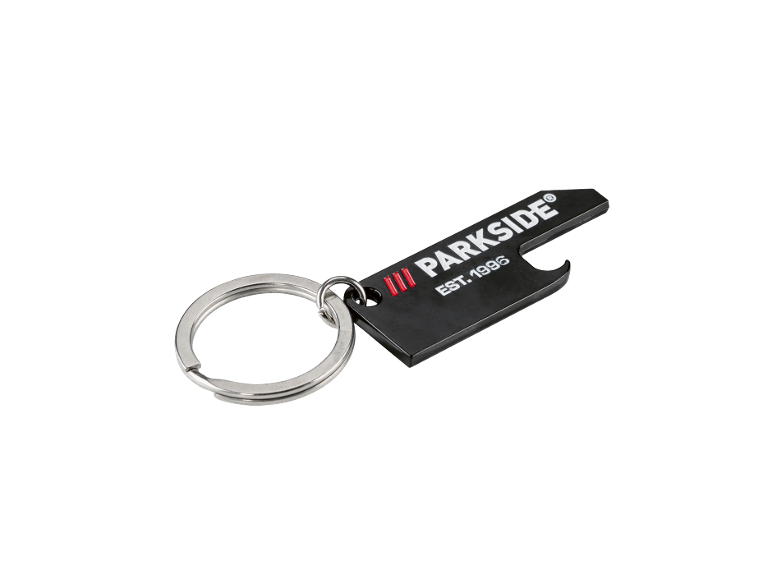 Black bottle opener with a silver key ring, featuring the text 'EST. 1996'.