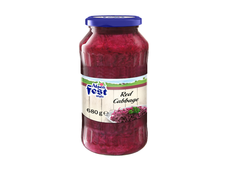 Red cabbage in a glass jar with a wooden-style label and alpine landscape, 680 g.