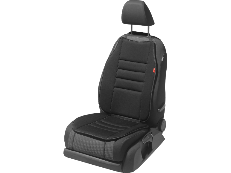 Black car seat cover with headrest and seat cushion.