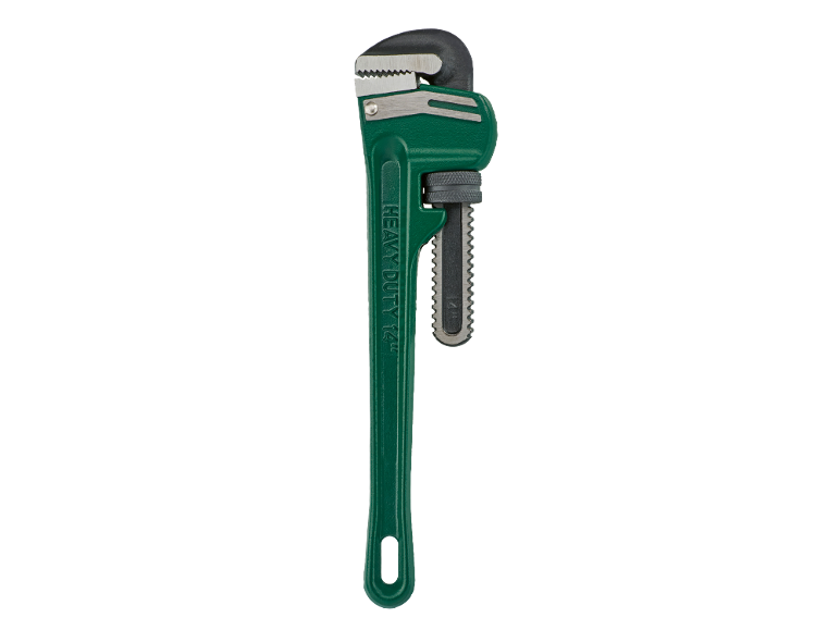 Green heavy-duty 14-inch pipe wrench with serrated jaws and adjustment knob.