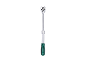 Silver ratchet wrench with a green and black handle.