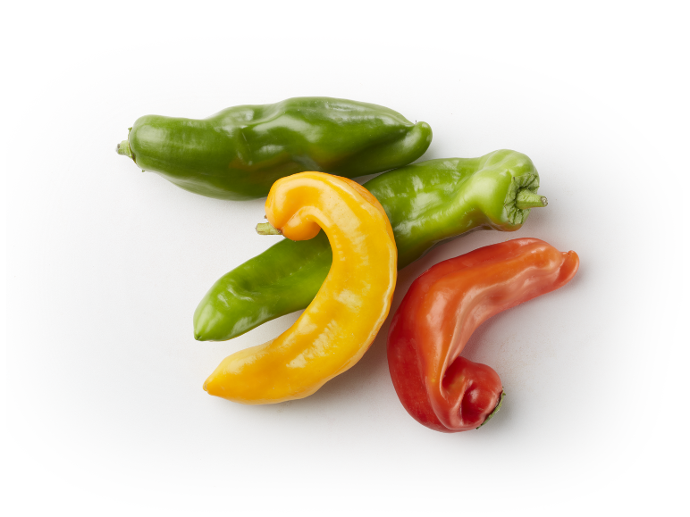 Vibrantly colored peppers: green, yellow, and red, on a gradient background.