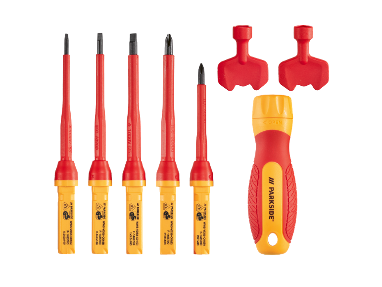 Set of insulated screwdrivers with interchangeable bits and a handle, in red and yellow.