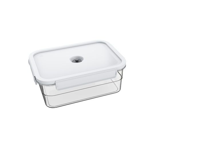 Transparent rectangular food container with a white lid and a vacuum valve.