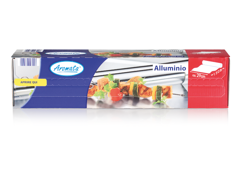 Aluminum foil box featuring meat and vegetable skewers, with text 'APRIRE QUI' and 'Alluminio'.