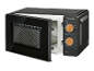 Black microwave oven with open door, wooden knobs, and power/timer settings.