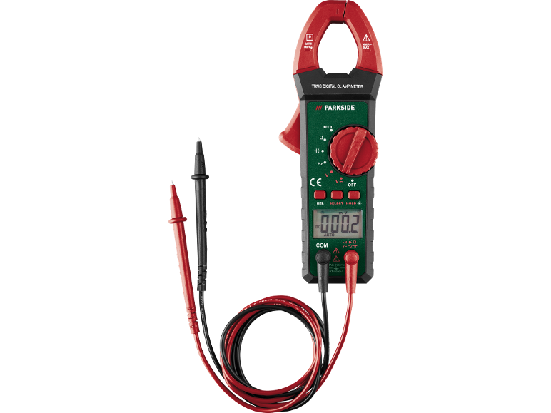 TRMS digital clamp meter with test leads.
