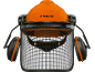 Orange safety helmet with mesh visor and ear defenders.